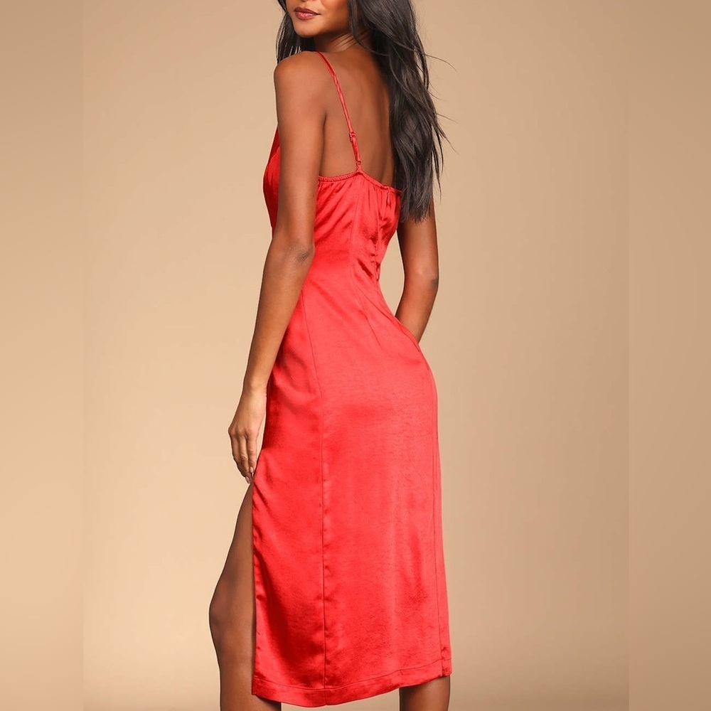 LULU’s Women’s Red Satin Cutout bodycon Dress X Small Spaghetti Straps Side Slit - Picture 2 of 8